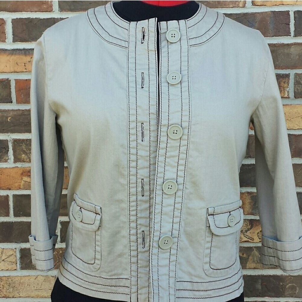 90s Vintage Chico's Platinum Khaki Button Up Cropped Lightweight Utility Jacket - Picture 1 of 8